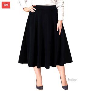 Plus Size Midi Skirt High Elastic Waist A-Line Flared with Pockets